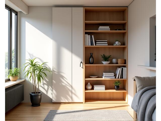 Tall, custom-built shelving unit reaching the ceiling of a small apartment, filled with books and decorative items, demonstrating effective vertical storage.